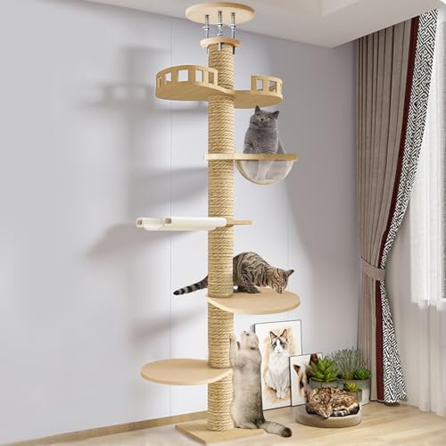 Kratzbaum, Kratzbaum Deckenhoch XXL für Große Katzen, Höhenverstellbar bis 3m, Stabiler Katzenkratzbaum Groß mit Kletterbaum, Schlafnest, Beobachtungsturm, Für Schwere Katzen (6 Ebenen)