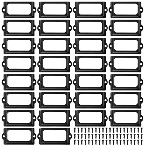 Porte-étiquettes en Métal, 30 Pièces Cadre Étiquette avec Vis, Noir Porte Poignée Cadre pour Meubles, Tiroirs, Armoires, Bibliothèque (70 x 33 mm)