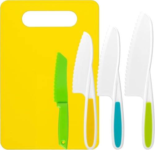 FiexGhau Coltelli da Cucina Sicuri per Bambini - Set 4 Pezzi con Tagliere - BPA Free, Design Ergonomico - Per Bambini dai 3 Anni in Su Set di Coltelli da Cucina per Bambini, 4 Coltelli di Sicurezza