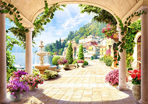 wandmotiv24 Fototapete Seeblick Sandstein Terrasse, XL 350 x 245 cm - 7 Teile, Wanddeko, Wandbild, Wandtapete, Stein-weg, Italien, Fresko M1080