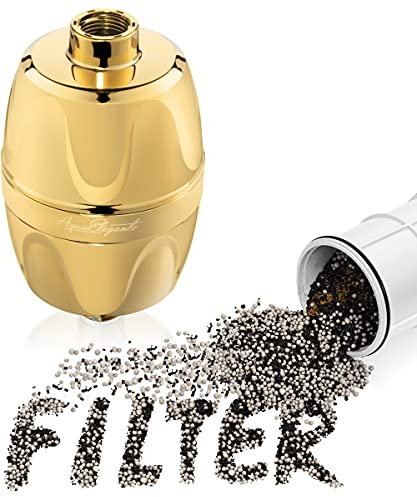 Aqua Elegante Shower Water Filter for Showerhead - Universal Head Filters to Remove Chlorine & Hard Minerals Gold Bath Purifier and Filtered Softener System Best with KDF-55 Polished Brass, R70011-PB