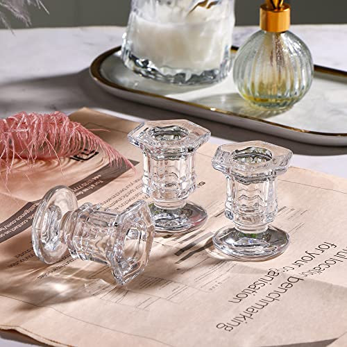 6Pcs Glass Candle Holder, Clear Taper Holders, Small Candlestick Stands in Bulk for Wedding, Dinner Table, Party, Festive Decor and Everyday Decoration (Clear)