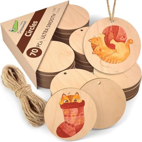 Crocowood 70 PCs Engineered Wood Circles, 4 cm - Unfinished Wood Discs for Crafting and Painting - Wooden Circles for Christmas Decoration - Wooden Craft Circles as Gift