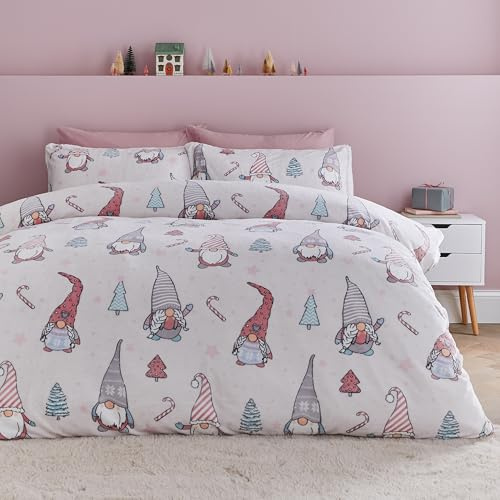 Catherine Lansfield Christmas Festive Gnomes Cosy Fleece Double Duvet Cover Set with Pillowcases Pink