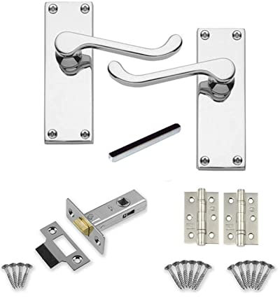 Golden Grace Victorian Scroll Latch Door Handles in Polished Chrome with 1 Pair of 3 Ball Bearing Hinges & Latches Pack - 1 Set - 120mm x 40mm Backplate