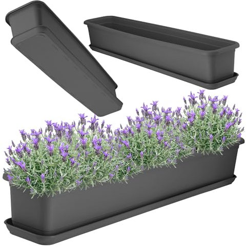 KADAX Jardinière de 80 cm anthracite avec soucoupe – Jardinière de balcon en plastique pour intérieur et extérieur Pot de fleurs pour balcon, terrasse, rebord de fenêtre
