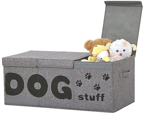 Qozary Caja de almacenamiento de juguetes para perros – Cubo grande de juguetes para perros, cesta de almacenamiento de juguetes para perros de 3 rejillas con tapa, contenedor de almacenamiento