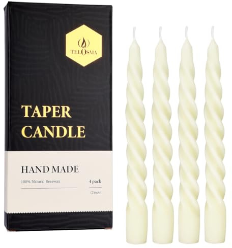 TELOSMA Spiral Beeswax Taper Candles, 4 Pack, 7 Inch, Dripless, Off White
