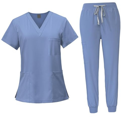 LOVIVER Female Scrub Set Nurse Workwear V Neckline Professional Machine Washable Top and Joggers Pant Work Clothing for Beauty Center, Light Blue, L