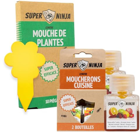 Super Ninja Anti Moucherons Intérieur – 2 Piege Moucherons Interieur + 10 Attrape-Insectes pour Plantes, sans Toxines, Sûr pour Enfants et Animaux, Jusqu’à 3 Mois de Protection
