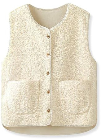 beifon Teddy Fleece Weste Damen Herbst Winter Warm, Ärmellos Fellweste Damen Einfarbig V-Ausschnitt Knöpfen Fleeceweste aus Teddyfell, Fell Weste Kurz Plüschweste Teddyweste Outwear Thermoweste