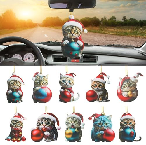 10 ciondoli per albero di Natale a forma di gatto, decorazione natalizia, facili da appendere e riutilizzabili