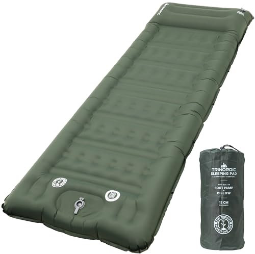 Trinordic Extradicke Aufblasbare Isomatte - 12cm Dick & 70cm Breit mit Fußpumpe & Kissen - Camping Luftmatratze mit Kleines Packmaß für Outdoor, Wandern & Bikepacking