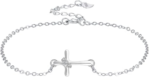 J.MUEN Bracelet Croix pour Femmes Argent Sterling 925 avec 3A Zircone, Classique Cadeau De Baptême pour Soeur Mère Grand-mère Filles (17+4 cm)