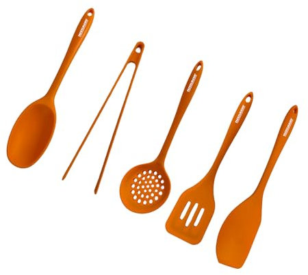 Fackelmann Soft Set de 4 Utensilios de Cocina de Silicona, incluye Espumadera, Pinzas, Espátula Ranurada y Cucharón, Antiadherentes, Resistentes al Calor, Aptos para Lavavajillas, Naranja