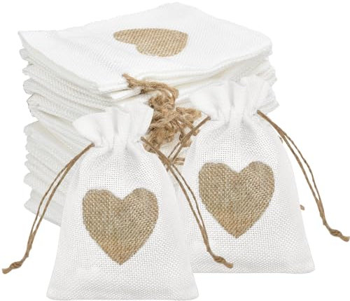 SLTAXAR 30 Stück jutesäckchen Herz Kleine Säckchen 13x18cm Jute Geschenktüten mit Herz Geschenkanhänger kleine säckchen zum Befüllen Jutebeutel Leinensäckchen für Hochzeit Party Geschenke Süßigkeiten