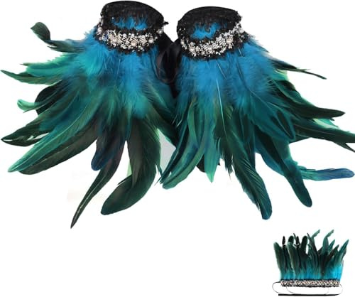FePen Fjädermanschetter, 1 par gotiska fjädermanschetter, fjäderarmband, halloween-fjäderarmband för cosplay, fest, dans, 5 centimètres, Naturlig fjäder, spets och pärla