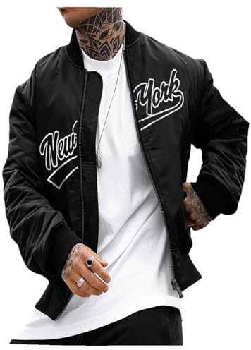 BEAUDRM Men's Letter Graphic Varsity Jacket Letterman Long Sleeve Bomber Zip Up Baseball Jackets Coats Streetwear Black XX-Large