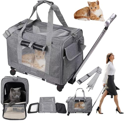 Cat Transport Box, 48 X 40 X 32 Cm Cat Box Cat Basket Transport Cat Transport Bag Dog Box Telescopic Handle Foldable Transport Container Cats For 1-2 Cats Dog Carrier Bag Up To 13.5 Kg With Wheels