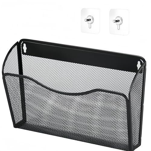 WizeFolk Portadocumenti da parete in da appendere, porta riviste in da appendere, organizer verticale da parete, tasca salvaspazio in rete metallica, per casa,cucina, ufficio(nero)