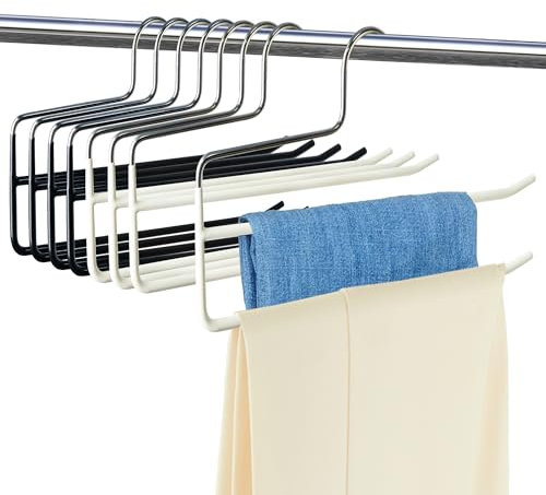 8PCS Trousers Hangers Space Saving Jeans Trouser Hanger for Clothes Non Slip Multi Bar Pants Hangers Wardrobe Storage Organiser for Pants Jeans Trousers Leggings Tie