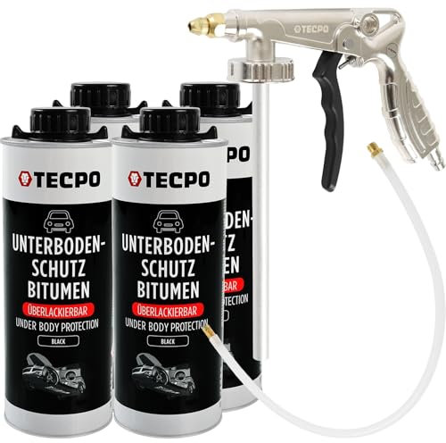 TECPO Unterbodenschutz Bitumen Überlackierbar, 4 Liter Saugdose schwarz UBS Set mit Druckluft Sprühpistole für Steinschlagschutz Karosserieschutz Rostschutzmittel