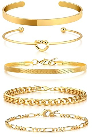 Guidre 5 st armband damer, rostfritt stål kedjor armbandsset | 14K guldpläterat armband, twist orm armband damer, CZ justerbart armbandsset, berlockarmband för alla hjärtans dag gåva