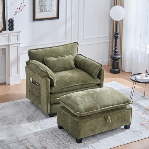 KOMHTOM Fauteuil Salon, Canapé Simple, Fauteuil Lounge en Chenille, avec Coussin, Poches de Rangement Latérales et Repose-Pieds de Rangement, pour Salon et Bureau (Olive)