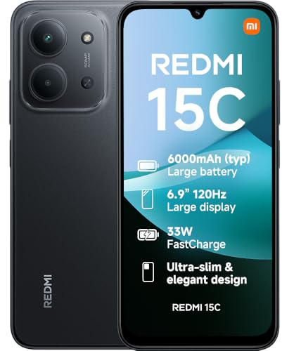 XIAOMI Redmi 15C, Smartphone 4+256GB, 6.9 120Hz Display 7.99mm Design, MediaTek Helio G81-Ultra Octa-core, 50MP AI dual camera, 6000mAh, Midnight Black, Charger Not Included