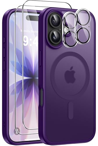 ivencase 5 in 1 Magnétique Coque pour iPhone 17 avec 2 Verres Trempés et 2 Caméra Protecteur, Compatible MagSafe Dos Anti Rayures Coque Antichoc TPU Bumper Coque pour iPhone 17 6,3 -Violet Foncé
