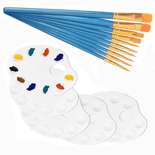 Zpeiran 5 Piezas Redonda Paleta Pintura,con Orificio Paleta de Pintor Blanco con 10 Pinceles,para Manualidades,Pinturas al óleo,Acuarela Acrílica Bandeja de Paletas de Pintura de Plástico