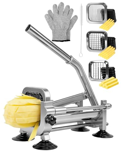 Coupe-Frites Professionnel Manuel en INOX - avec 3 Lames (6.5/9/13 mm), Boîte XL et 4 Ventouses Ultra-Stables - pour Frites Maison, Patates Douces, Légumes, Coupe Pommes de Terre Manuel