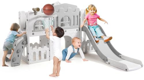 Baloveby Tobogán Infantil 8 en 1 con Cesta de Baloncesto, Grandes Toboganes Infantiles Exteriores y Interiores con Escalera de Escalada, Telescopio y Túnel de Juego para Niños 1+