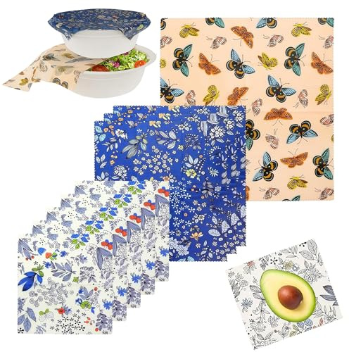 Zuuyye - Set di 9 Tovaglioli in Cera d'Api, Cotone Bio con Cera d'Api, Olio di Jojoba & Resina, Tovaglioli Riusabili per Alimenti, Pane, Frutta, Formaggio, Panini & Snack