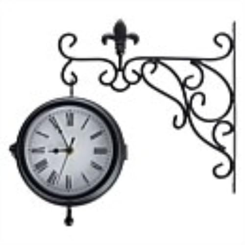 HMIR Large Retro Double Sided Station Clock, Waterproof Outdoor Wall Clock with Thermometer, Black Metal Bracket Clock for Garden Patio Kitchen_W39 x D9 x H37.5cm