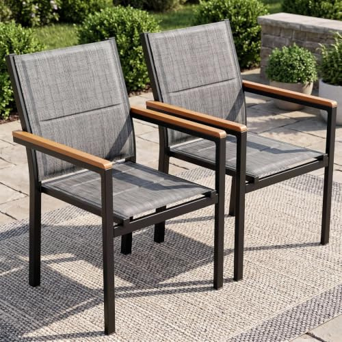 LIFERUN Trädgårdsstol set om 2, stapelbar matstol i aluminium, med quiltat ryggstöd och sits, WPC ledstång, balkongstolar för trädgård, terrass, balkong, pool, restauranger, linnegrå, 2 st