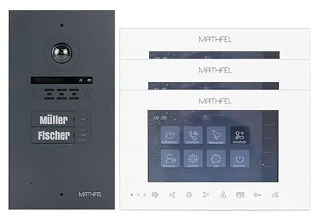 MATHFEL 2 Draht Bus 2 Familienhaus Türsprechanlage Gegensprechanlage Fischaugenkamera 170 Grad, 3x7'' Monitor weiß, Außenstation Alu Anthrazit