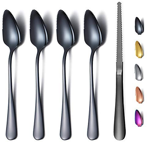 Set 5 Cucchiai Per Pompelmo Nero, 4 Cucchiai Per Pompelmo In Acciaio Inossidabile e 1 Coltello Per Pompelmo Con Placcatura in Titanio, Set Di Utensili Per Pompelmo, Cucchiaio Con Bordi Seghettati