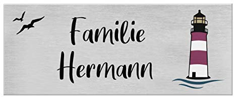9 Motive, farbige Laserbeschriftung, UV- und witterungsbeständig - Edelstahl Briefkastenschild mit Gravur - Namensschild selbstklebend (3M) - Türschild personalisiert mit Namen - Leuchtturm