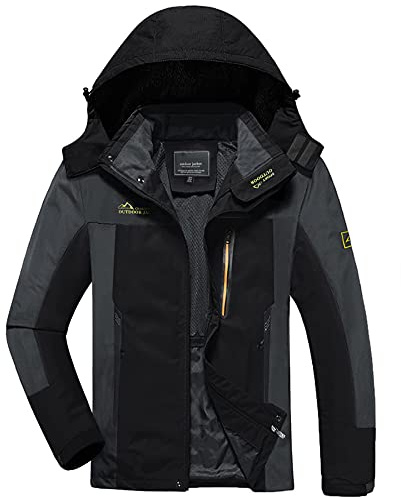 KEFITEVD Chaqueta de softshell para hombre, impermeable, chaqueta funcional con capucha desmontable, ligera, chaqueta para exteriores para senderismo y trekking, negro y gris, L