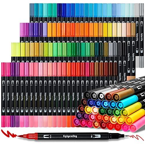 Eglyenlky Colored Markers for Adult Coloring Books, Dual Tip Brush Pens with 100 Watercolor Fine Tip Markers and Brush pens for Kids Drawing Calligraphy