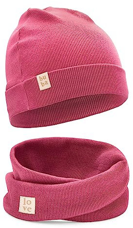 Bubalove Mützen und Schalset für Jungen, Mädchen, Baby, Größen 0mc bis 12 Jahre+ viele Farben, Frühlings-, Herbstsets, Baumwollmützen, handgenäht (46-52 cm, dunkelrosa)