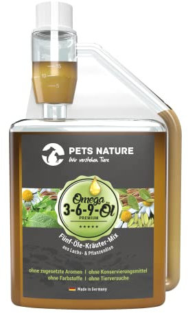 Pets Nature Omega 3-6-9-Öl für Hunde und Katzen - reines Premium Kräuter-Barf-Öl mit Distel-, Hanf-, Lachs-, Chia- und Leinöl - 100% natürlich, schonend kaltgepresst (250 ml)