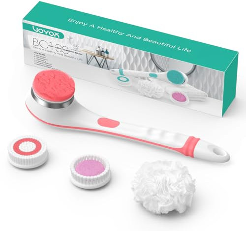 VOYOR Rückenbürste Duschbürste Körperbürste Elektrisch rückenbürste mit langem stiel Wasserdichte Wiederaufladbare mit 4 Reinigungsköpfen für Spa Shower Exfoliating massagebürste BC100 (Rosa)