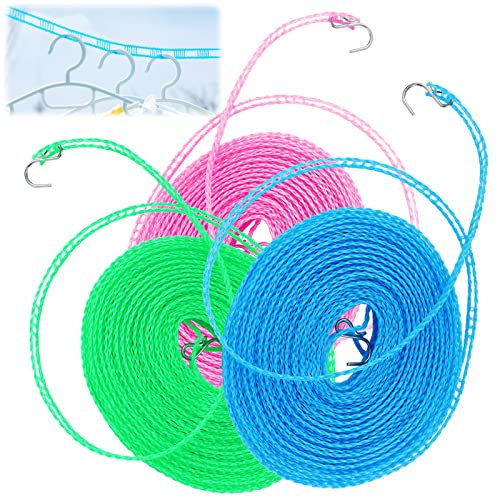 Winddichte Rutschfeste Wäscheleine - 3 Stücke 10m Camping Zubehör Outdoor für Garten, Reise, Urlaub, Wohnmobil oder Wohnwagen