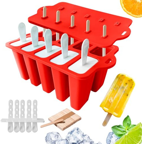 Midnadiy Stampi per Ghiaccioli con Bastoncini - Stampi per Gelato in Silicone a 10 Cavità, Stampo Ghiaccioli Fatti in Casa per Bambini, Neonati, Adulti, Rilascio Facile e Senza BPA(Red)