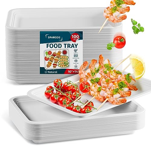100 Pack 14 Inch Heavy Duty Disposable Food Trays Compostable Large Paper Plates Tray Set Natural Material Biodegradable for Party Serving Crawfish Lobster Crab BBQ Holiday Feast Seafood Supplies