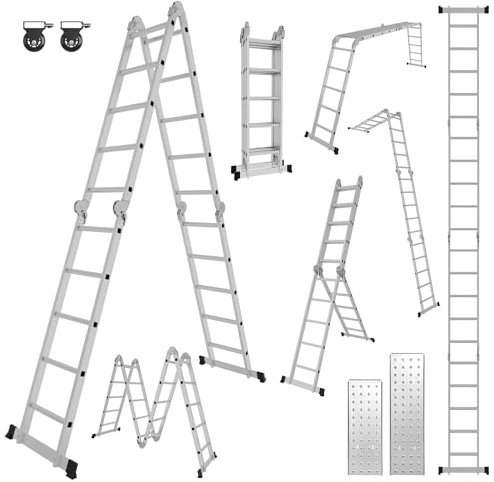 Yakimz Échelle multifonctionnelle 4 x 5 marches - Échelle multifonction 7 en 1 - Avec plateforme et roulettes - En aluminium - 5,82 m - 20 échelons