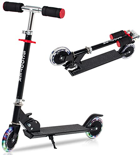 AKOZLIN Monopattino pieghevole per bambini, 3 altezze regolabili, con ruote luminose, telaio leggero in lega di alluminio con cavalletto, per bambini dai 3 agli 8 anni, carico massimo 50 kg, nero