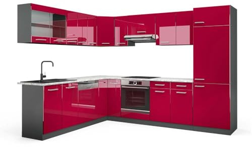 Vicco Eckküche R-Line, Rot Hochglanz/Anthrazit, 287 x 60 cm, AP Marmor, zur individuellen Erweiterung mit kompatiblen Zusatzmodulen
